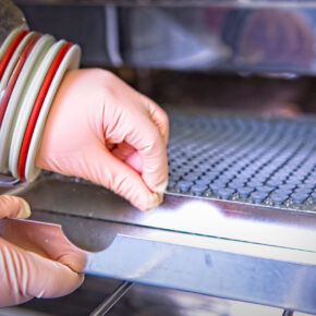 Hands of a small molecule scientist pushing a tray of vials into a lyophiliser