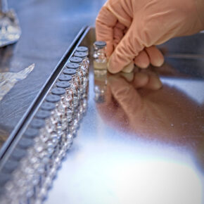 Vials being aligned in tray for pharmaceutical product development